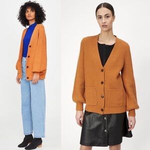 JUST FEMALE Rib Knit 90s Boyfriend Academia Cardigan Sweater Balloon Sleeve XL